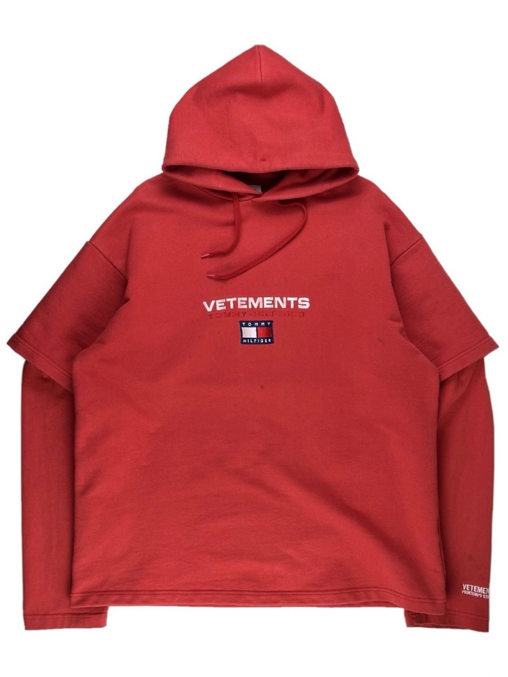 Vetements Red Layered Hooded Sweatshirt with Logo Patch